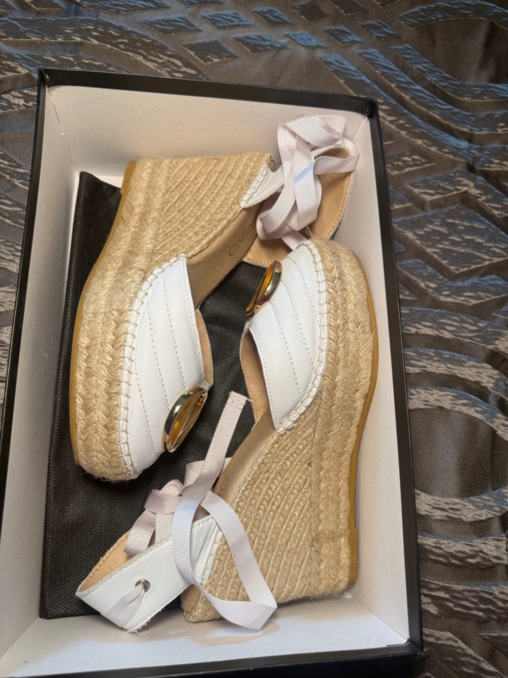 White Espadrille Wedge Sandals with Ribbon Ankle Tie size 39 size 9